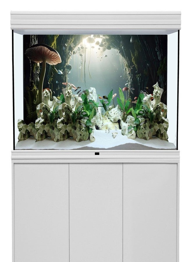 AWERT 36x18 inches Aquarium Background Foggy Stone Mushroom Moss Terrarium Background Polyester Green Plants Cave Fish Tank Background - Image 5